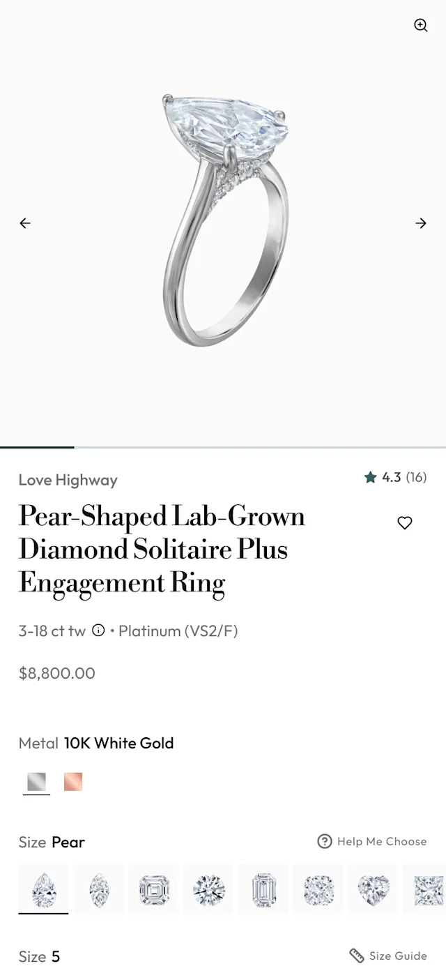 Pear-shaped lab-grown diamond engagement ring product page