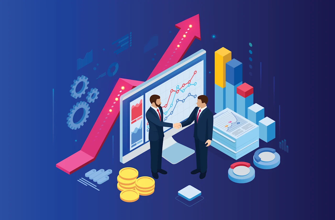 B2B Professionals Standing Over Abstract Digital Ecosystem Background