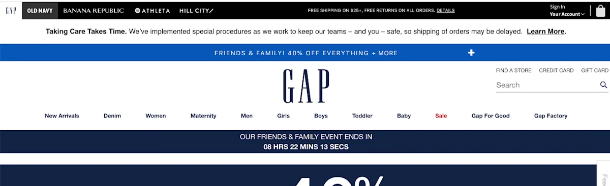 Gap.com header with its sister-brand logo bar: Gap, Old Navy, Banana Republic, Athleta and Hill City.