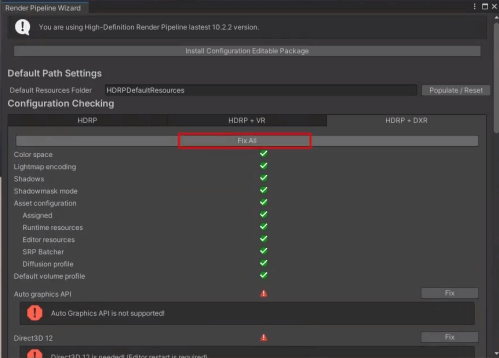 在弹出的窗口中选择修复所有HDRP+DXR