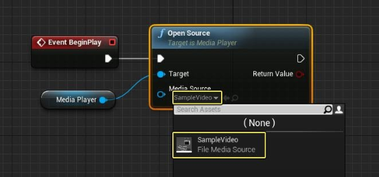 将Media Source设置为SampleVideo并连接到Event Begin Play