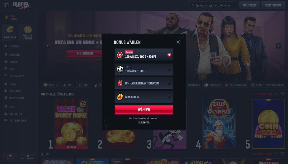 Screenshot of how to sign up at MafiaCasino