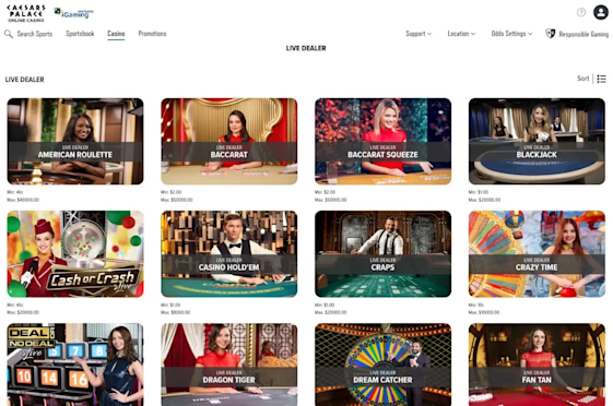 Caesars Palace displaying the most popular live dealer casino games 