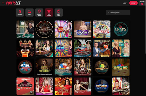 PointsBet Ontario online casino displaying the various live dealer casino games to play