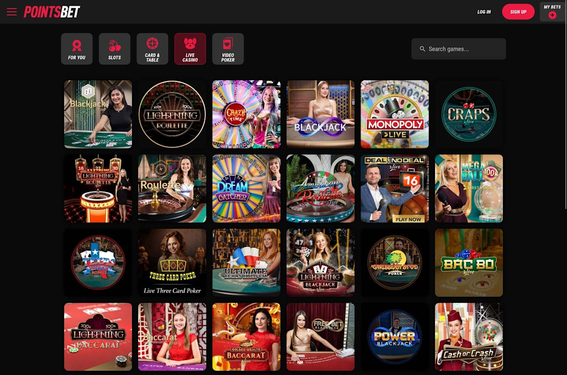 PointsBet Ontario online casino displaying the various live dealer casino games to play