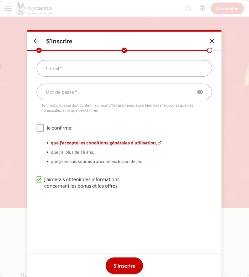 Étape quatre pour ouvrir un compte sur mycasino