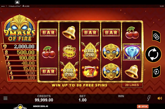 The slot game 9 Masks of Fire as it appears on the online casino
