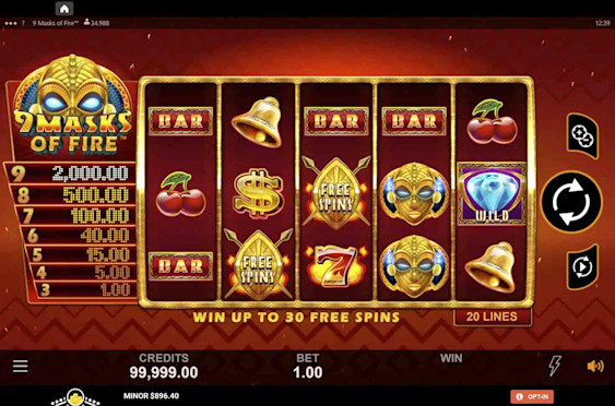 The slot game 9 Masks of Fire as it appears on the online casino