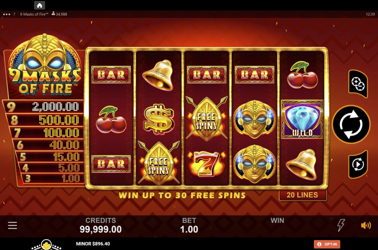 The slot game 9 Masks of Fire as it appears on the online casino