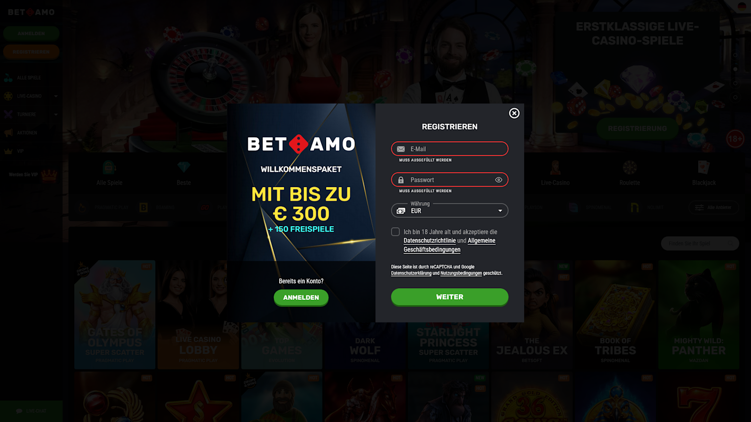 Screenshot of how to register at Betamo
