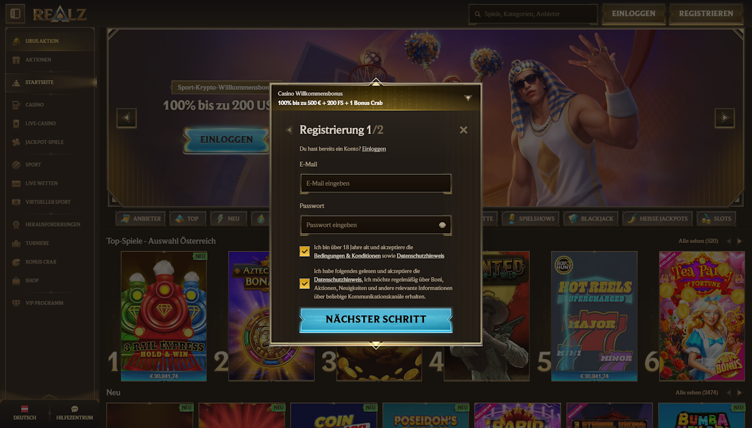 Screenshot of how to choose and register at Realz casino