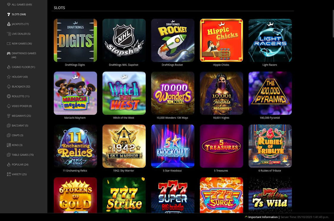 DraftKings Ontario online casino showcasing the popular slots available to play