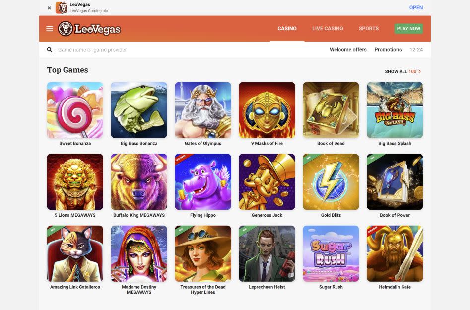 LeoVegas desktop site showcasing the top slot games available for real money or free play