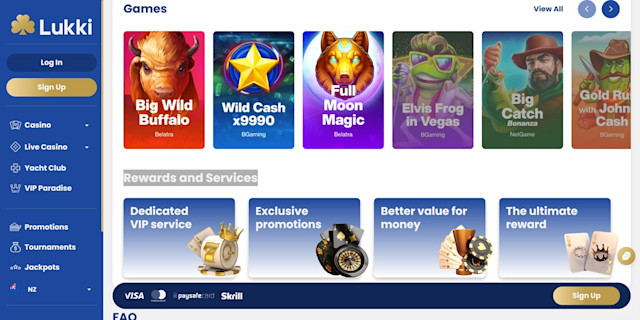Lukki casinos homepage with games and different services