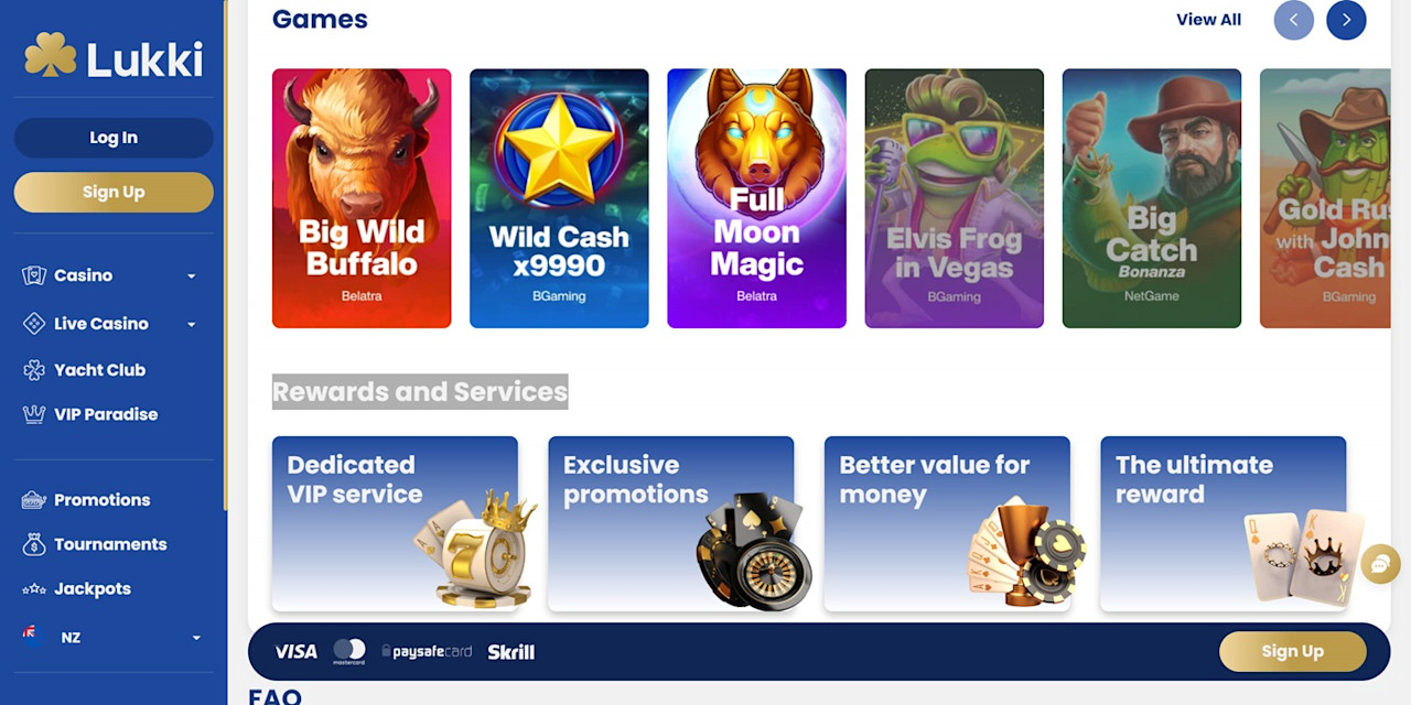 Lukki casinos homepage with games and different services