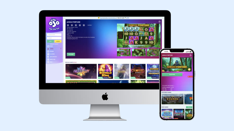 PlayOJO online casino showcasing the popular game selection on Apple mobile and desktop devices