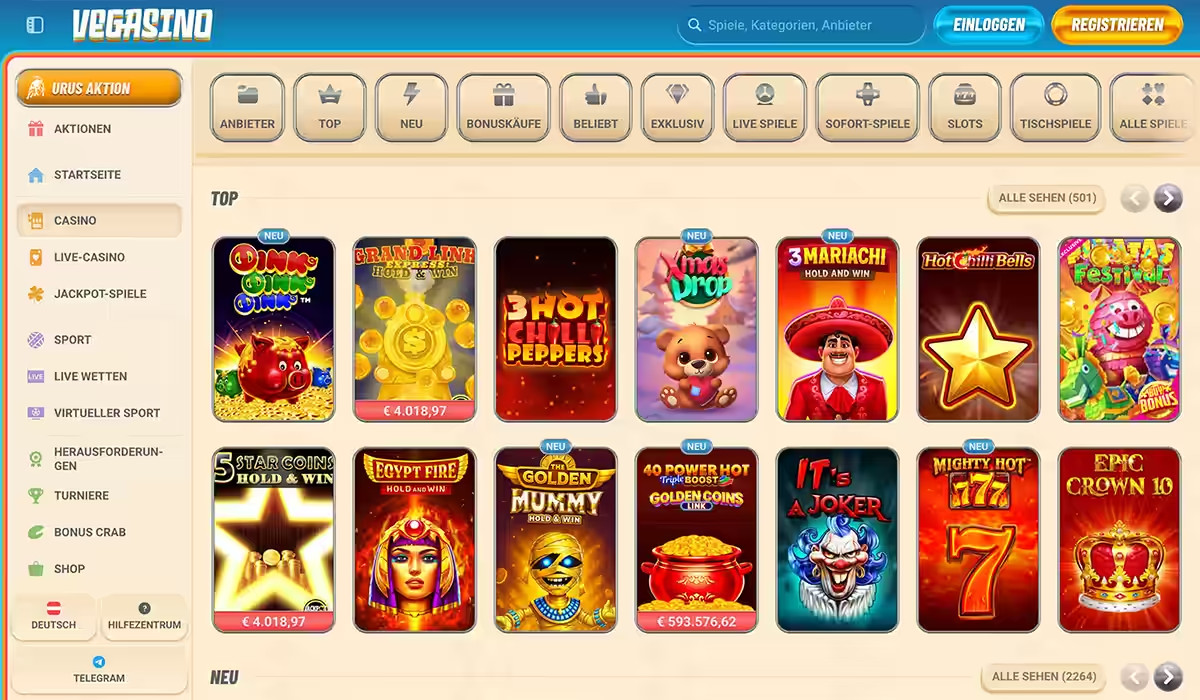 Vegasino Casino Slots Lobby