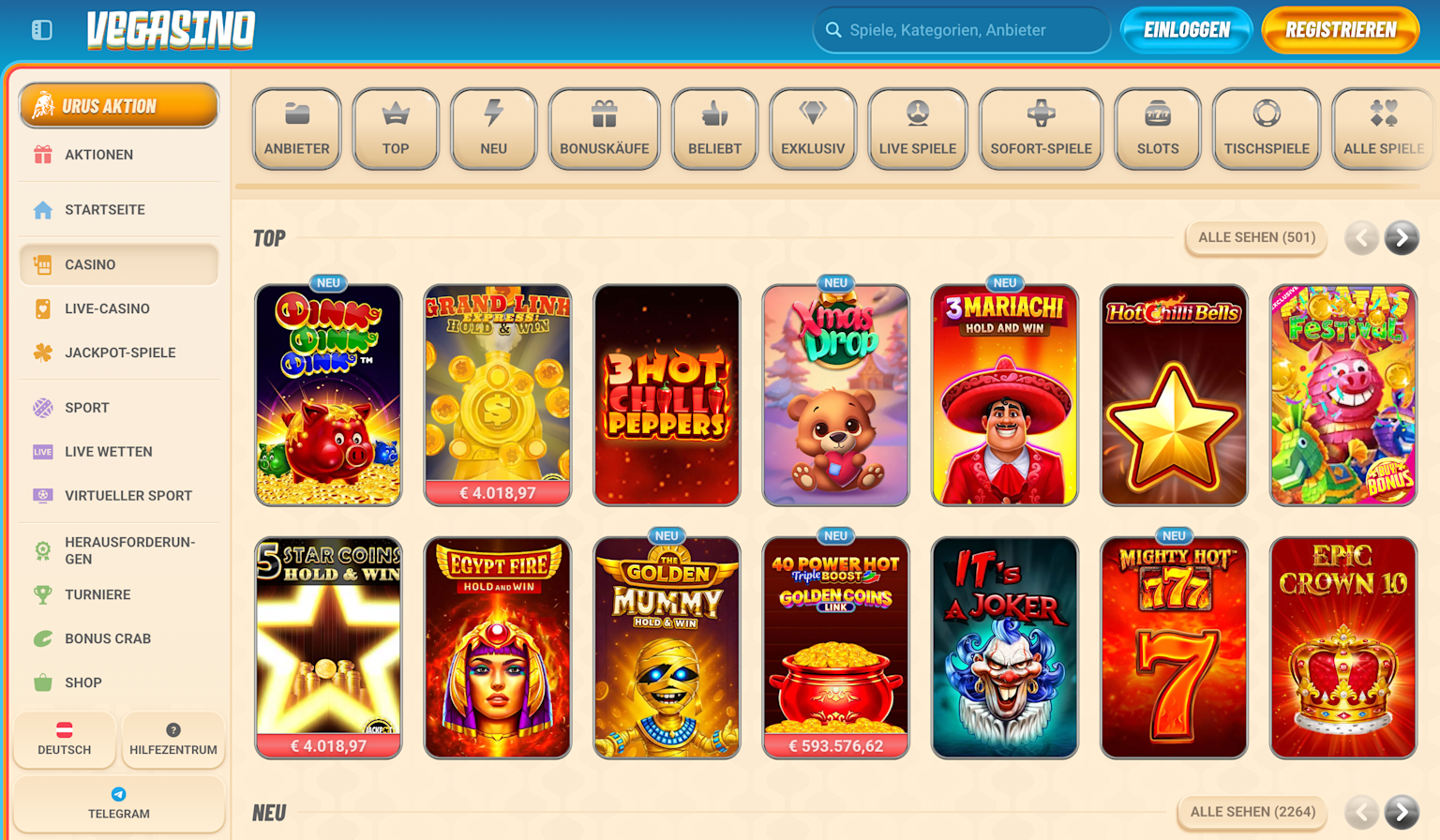 Vegasino Casino Slots Lobby