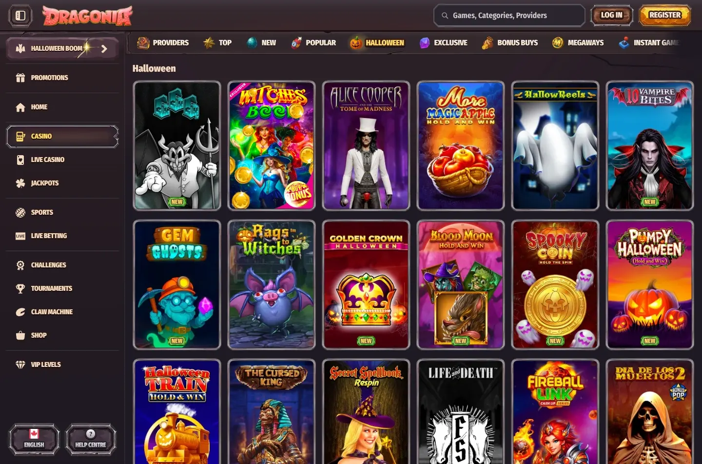 Oberfläche der Dragonia Casino App mit Spielauswahl