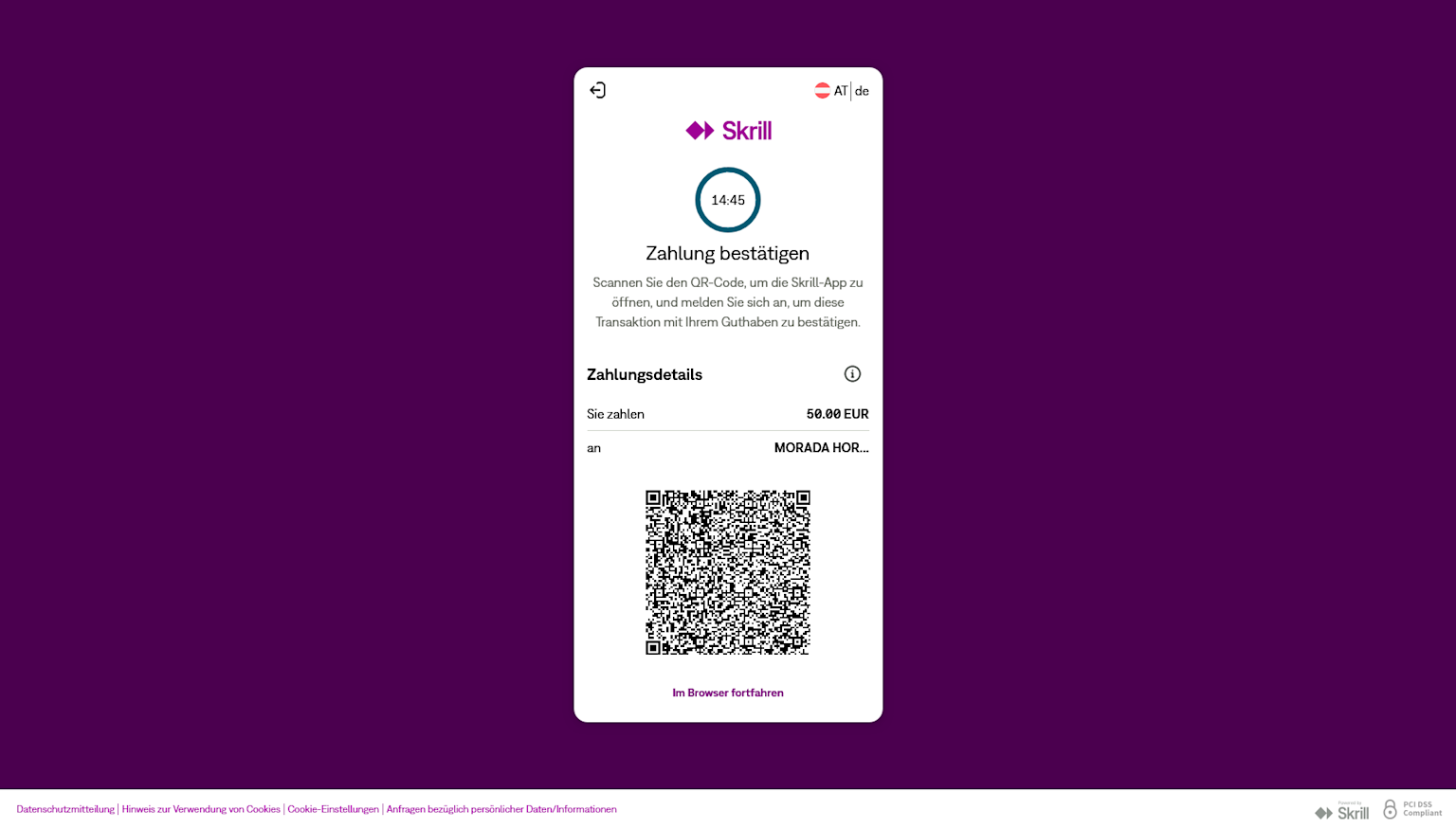 Screenshot of confirming a deposit with Skrill at Vegasino