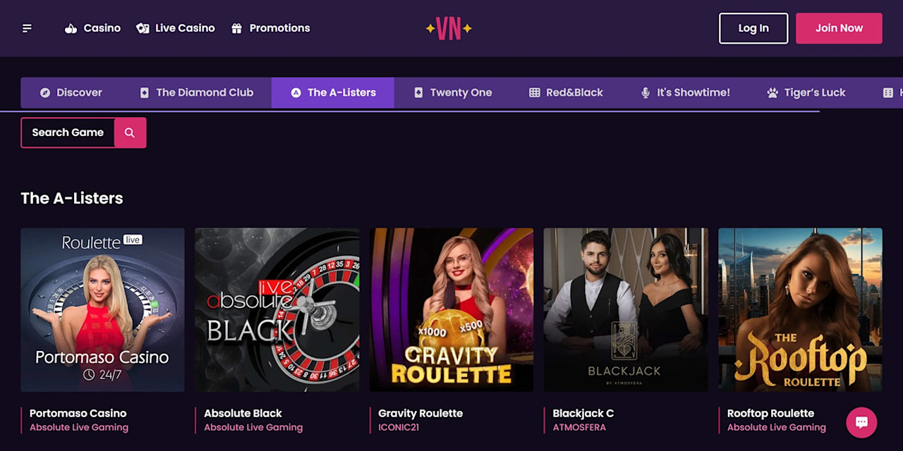 The A-Listers live casino games selection at vegas now