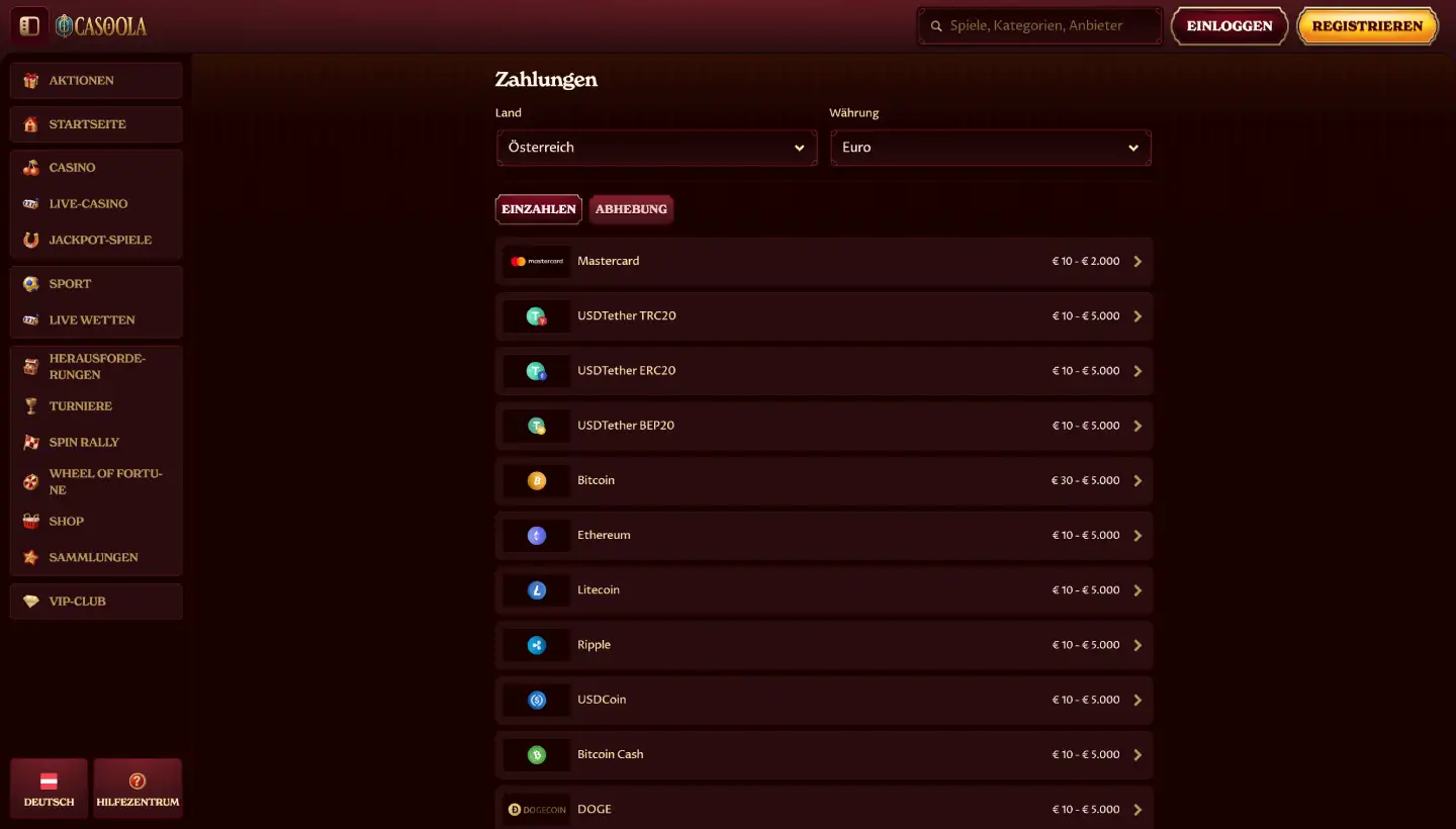 Screenshot of the payment methods page at Casoola