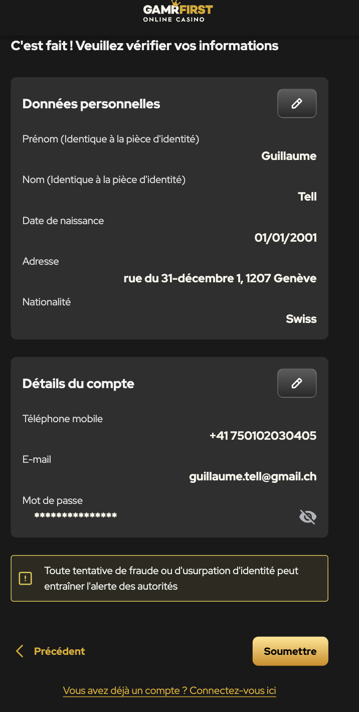 Étape quatre pour ouvrir un compte sur GAMRFIRST