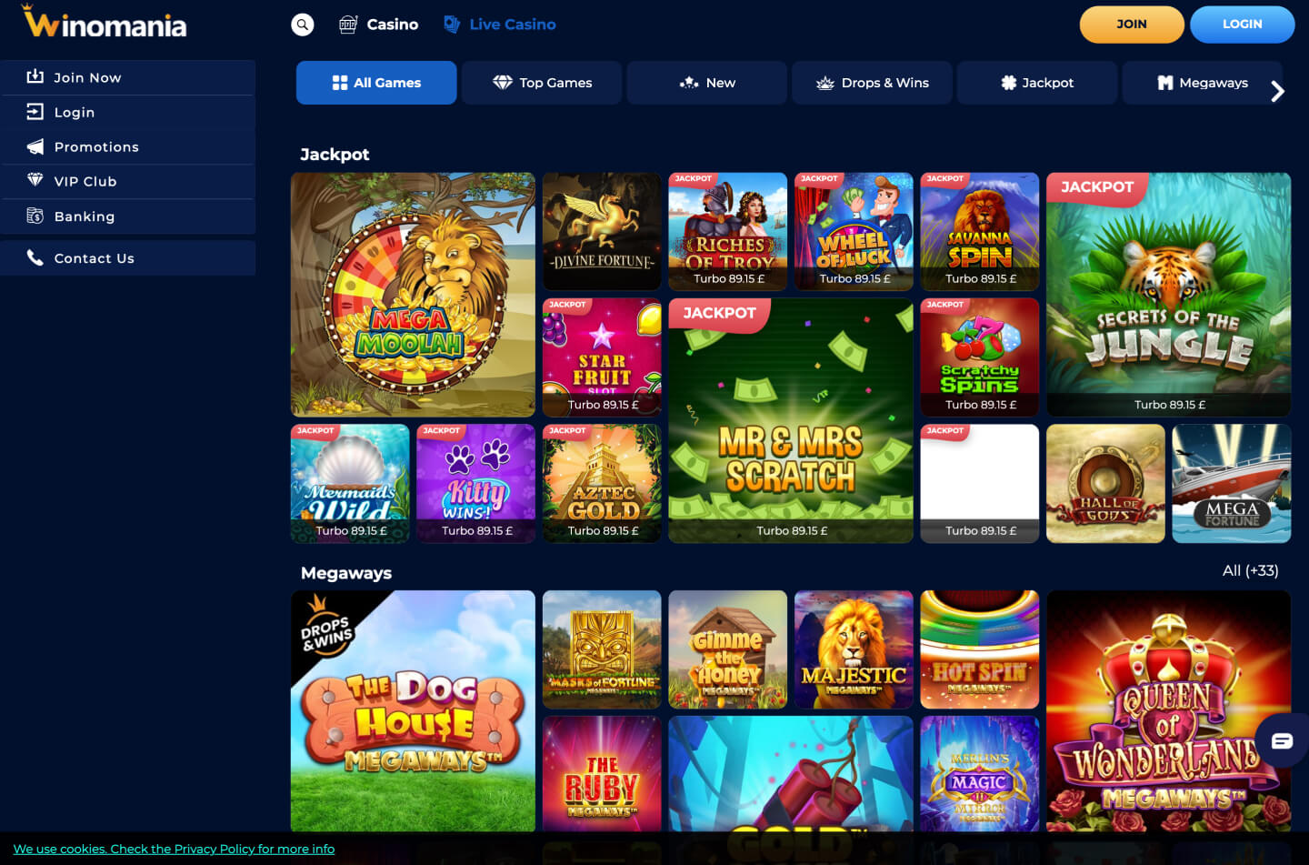 Winomania Casino interface showcasing slots and live dealer games