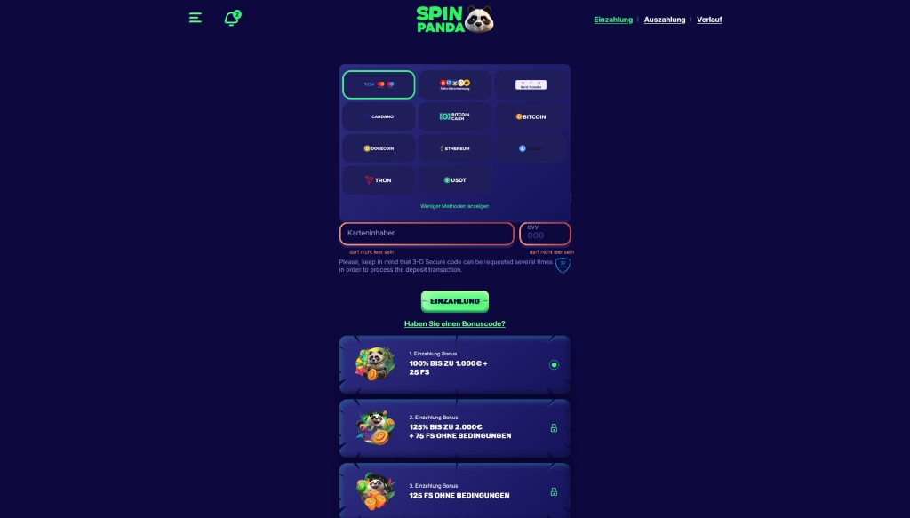Einzahlungsmethoden im SpinPanda Casino