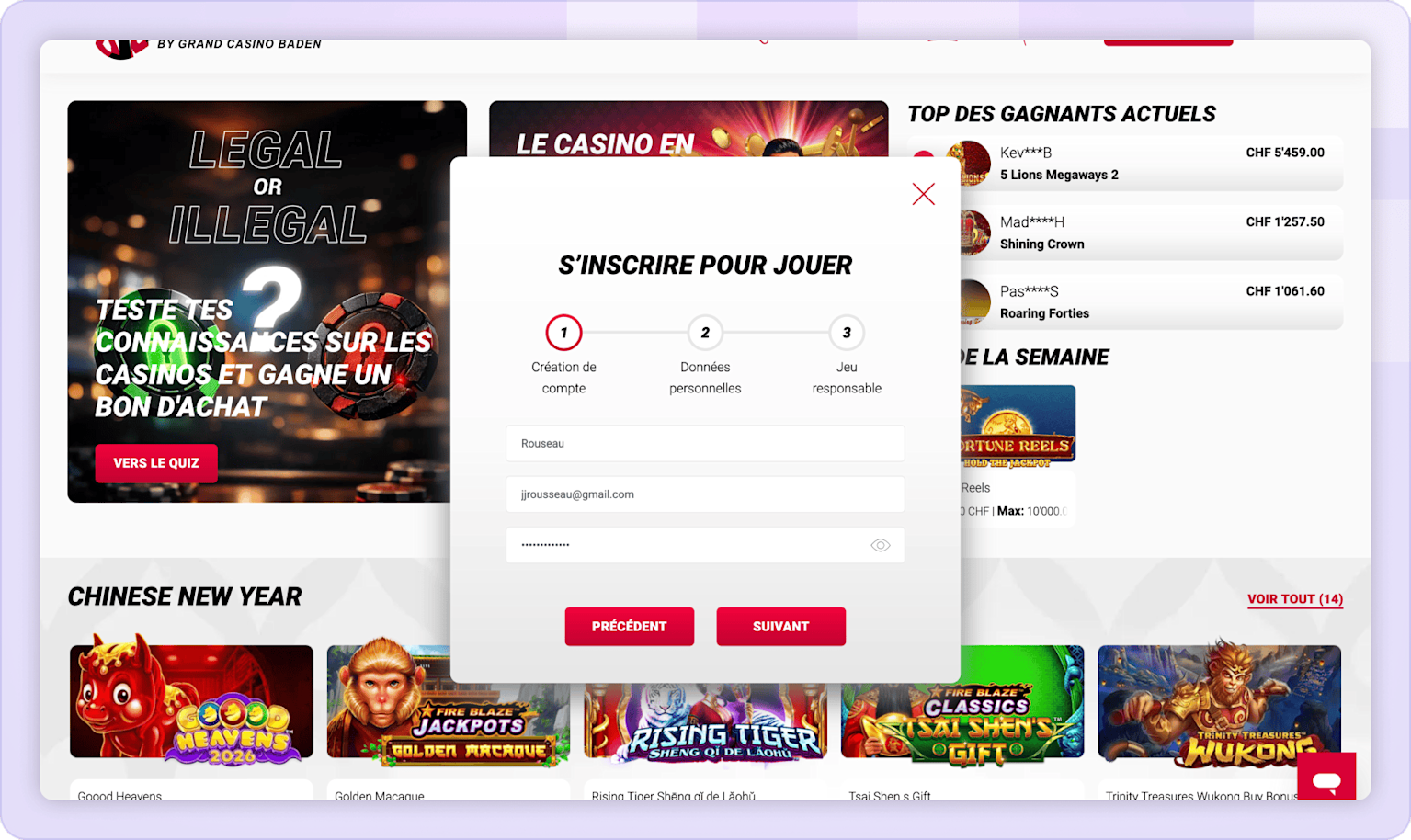 Étape trois pour ouvrir un compte sur Jackpots.ch