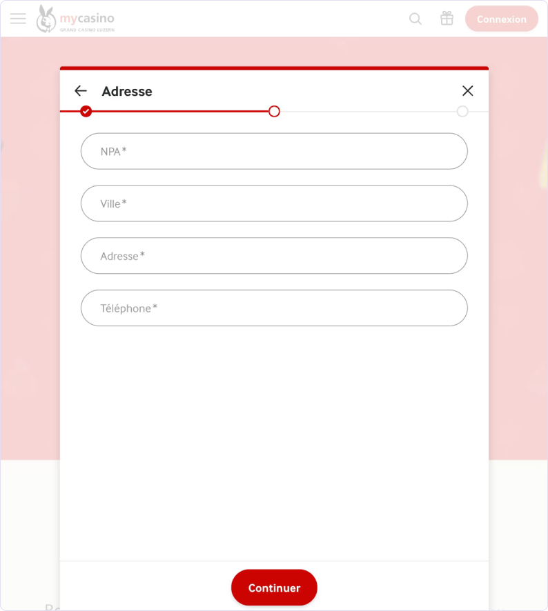 Étape trois pour ouvrir un compte sur mycasino