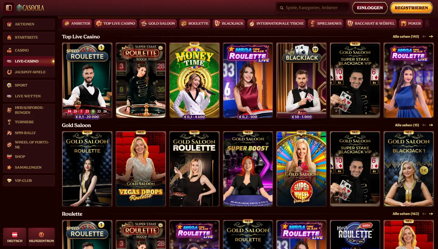 Screenshot of the live casino at Casoola