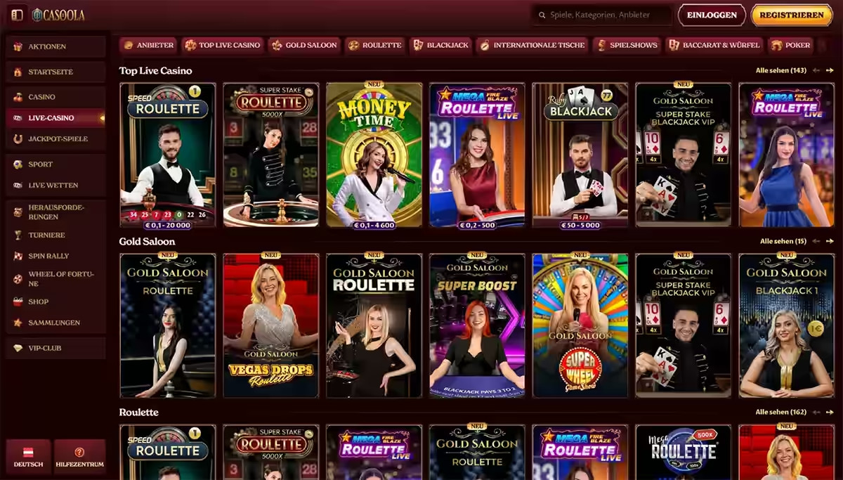 Screenshot of the live casino at Casoola