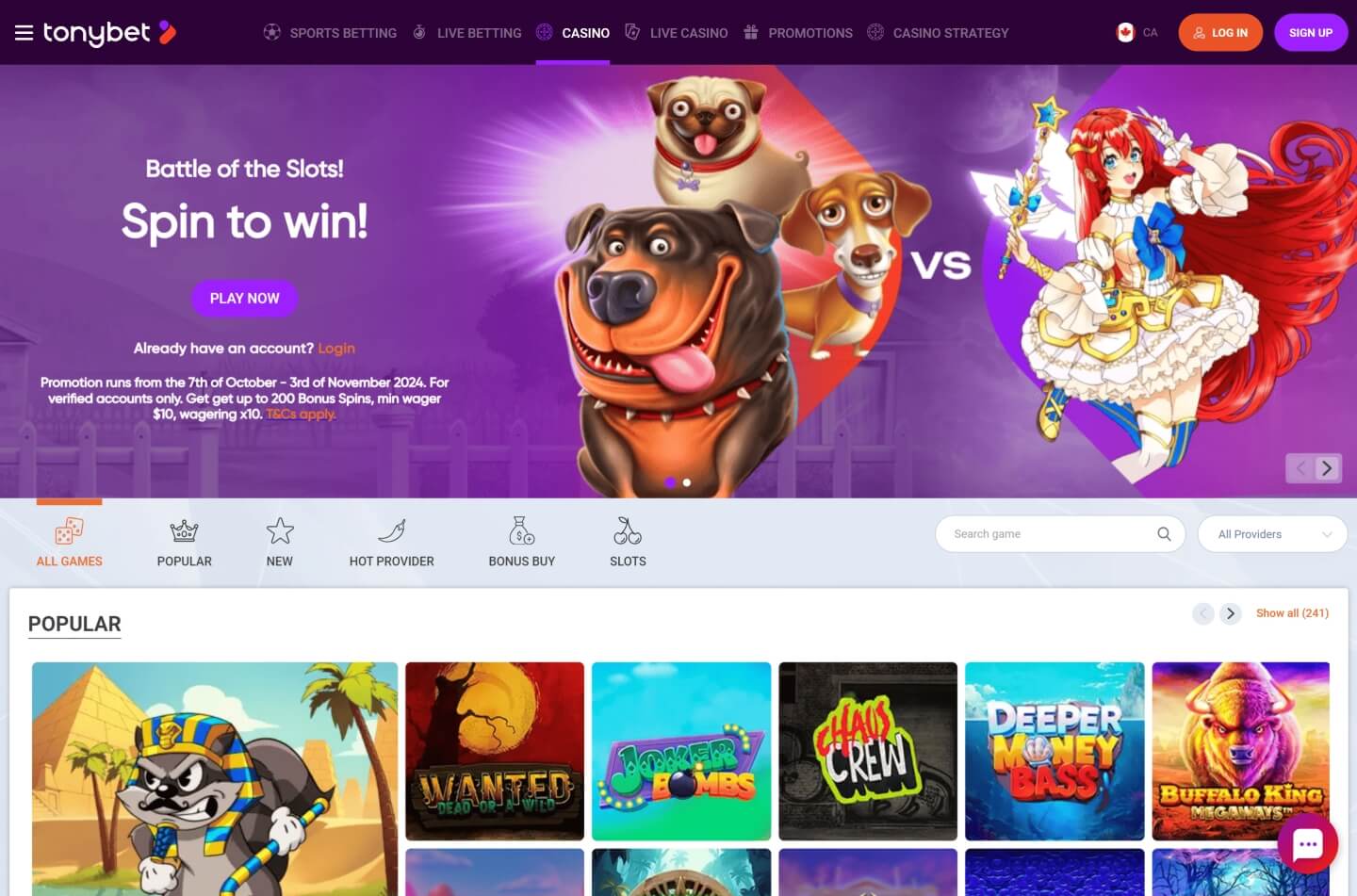 Screenshot der TonyBet Spieloberfläche mit Spielauswahl und Navigation