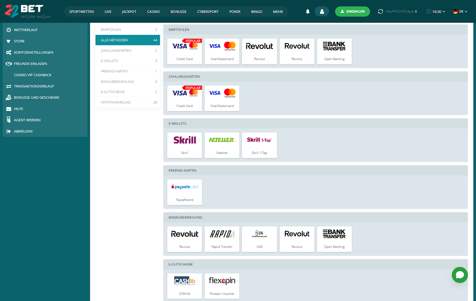 Zahlungsmethoden bei 22bet