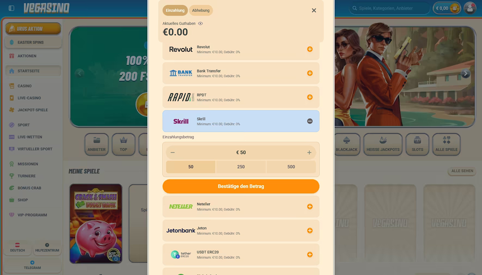 Screenshot of how to make a deposit with Skrill at a Vegasino