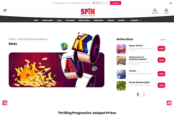The slots collection at Spin Casino Ontario desktop site