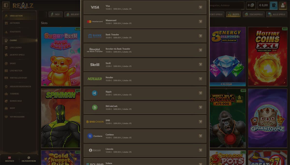 Screenshot of how to deposit money at Realz
