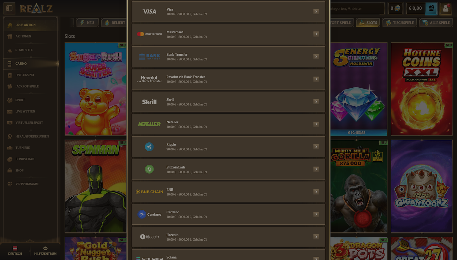 Screenshot of how to deposit money at Realz