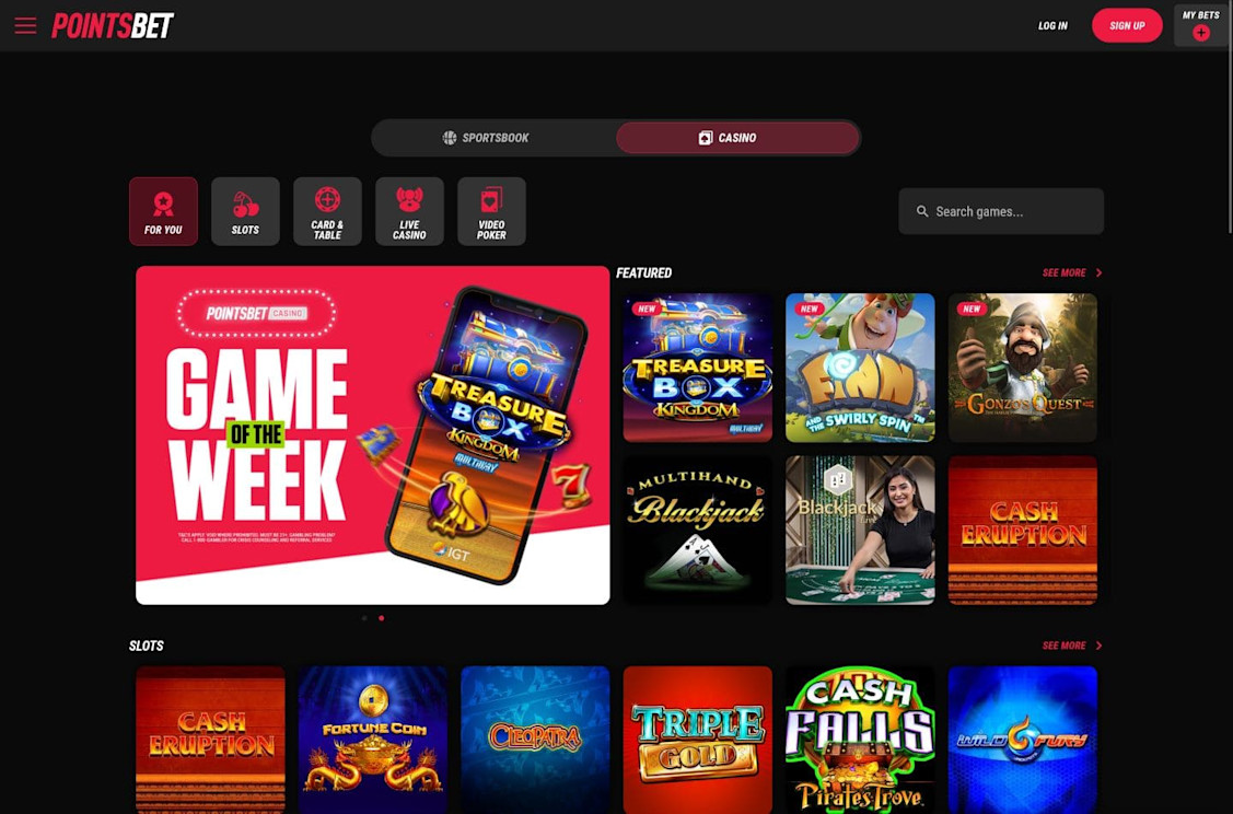 PointsBet Ontario online casino homepage as shown on a desktop device