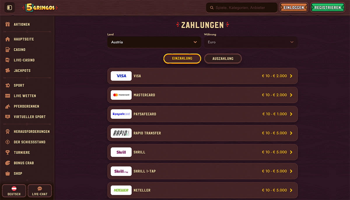 5Gringos Casino Zahlungsmethoden