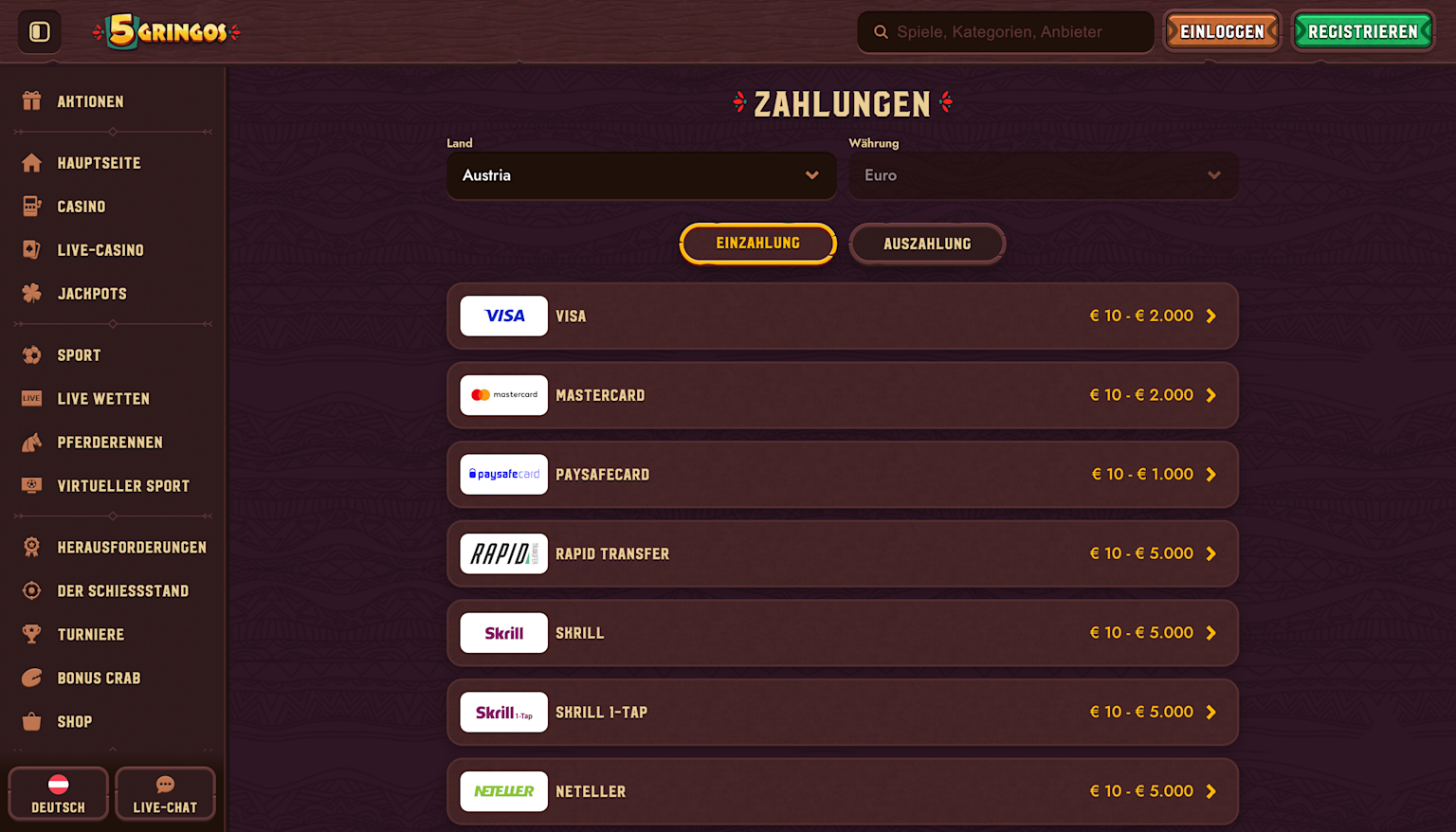 5Gringos Casino Zahlungsmethoden