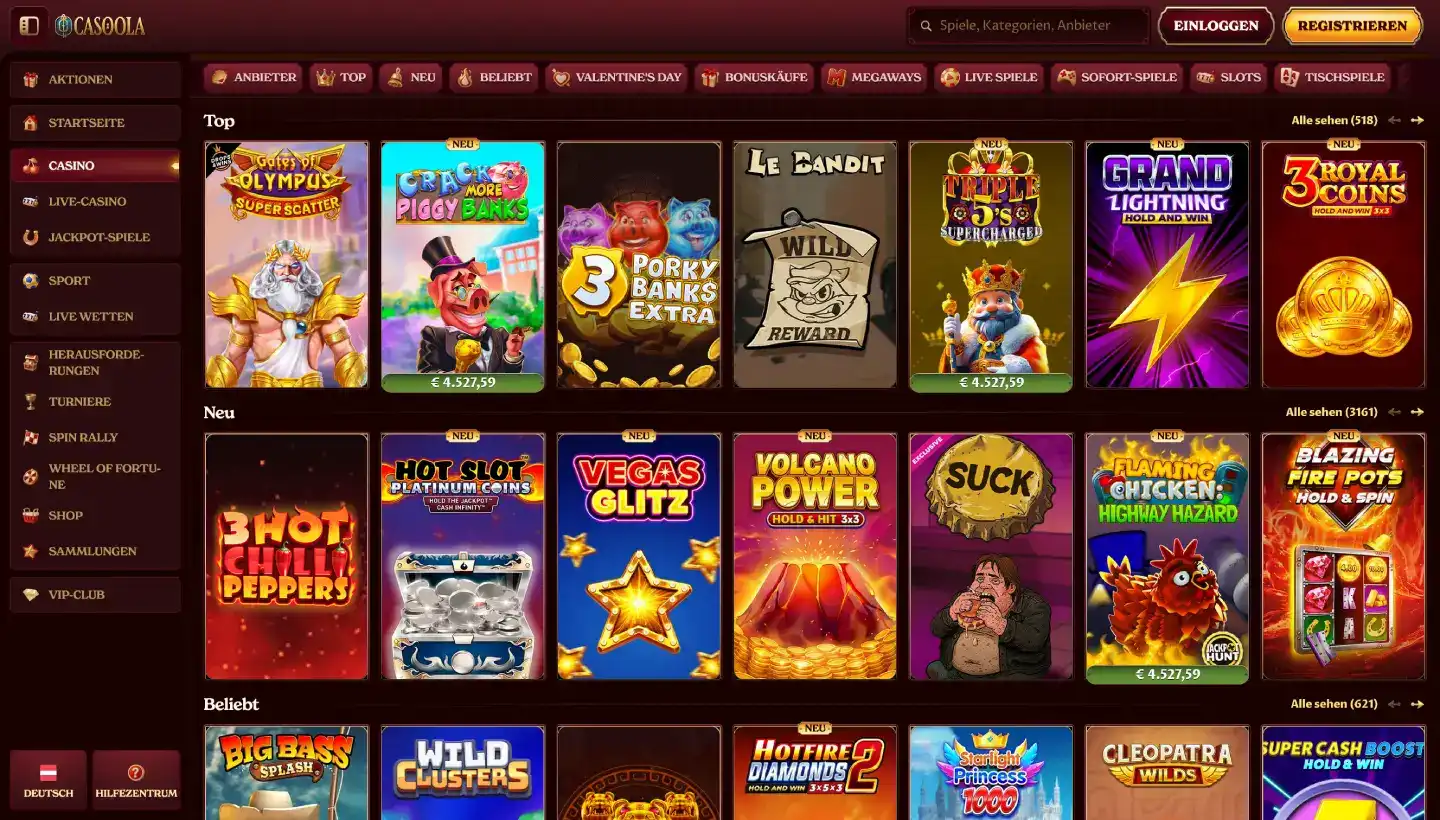 Screenshot of the game lobby at Casoola