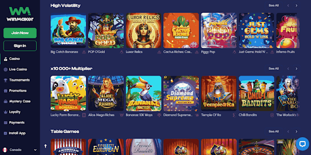 The homepage at Winmaker, showcasing the new games and the different filters for games like High Volatility and Table Games