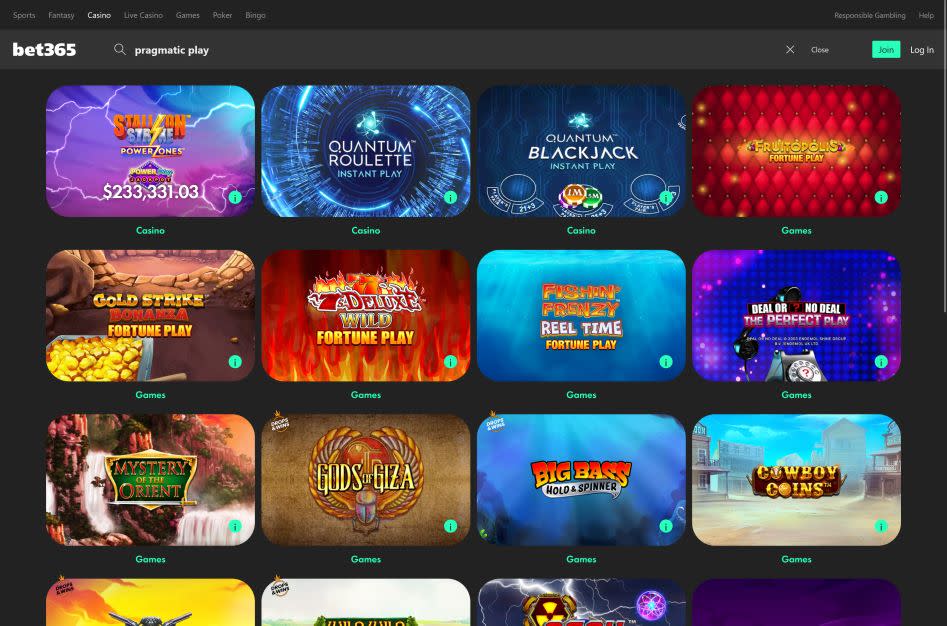 Bet365 displaying all Pragmatic Play online casino games