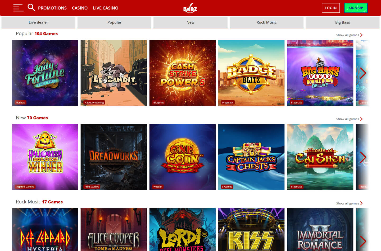 Barz Casino platform interface showing bonus banner and slot game selection