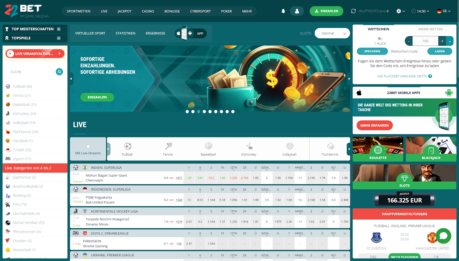 Landingpage von 22bet