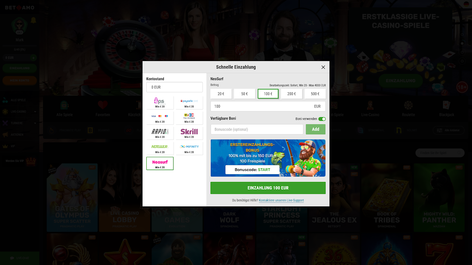 Screenshot of how to pay with Neosurf at Betamo