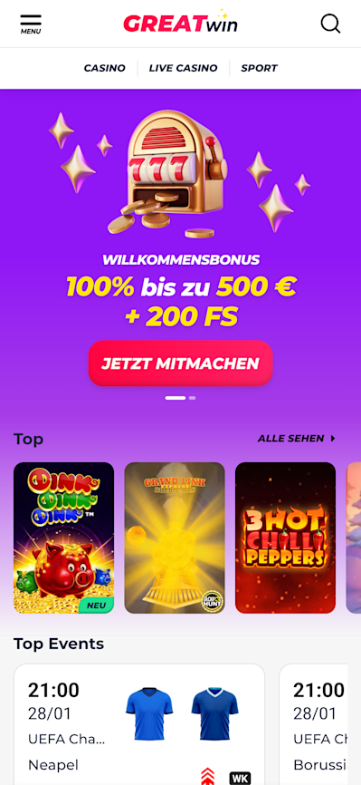 GreatWin mobile Ansicht