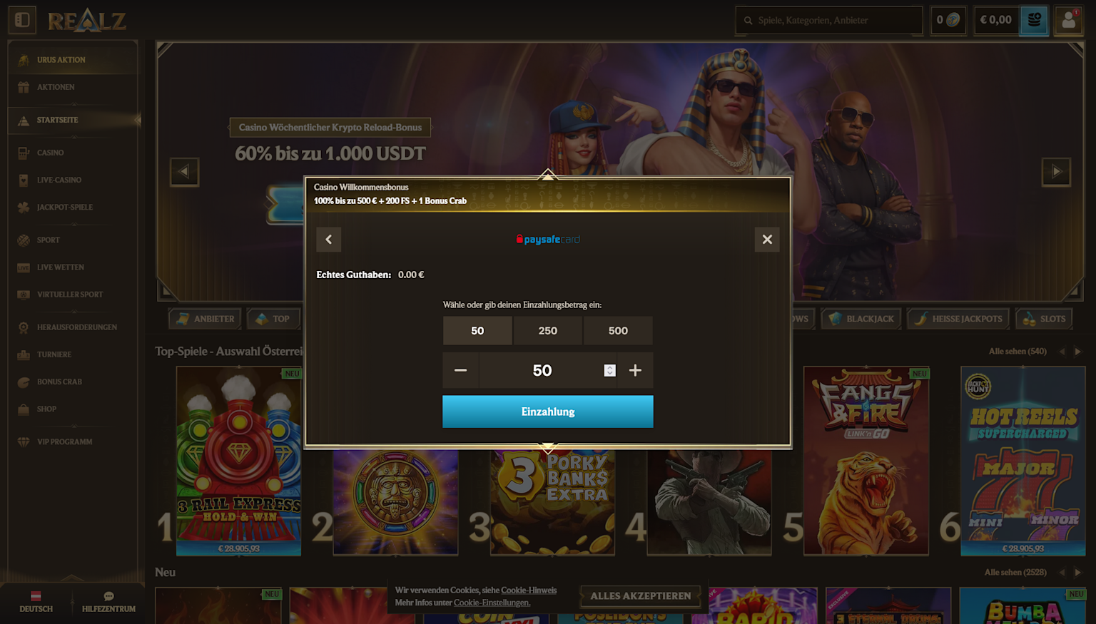 Screenshot of how to deposit money at Realz casino